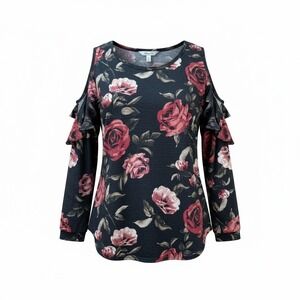 NWT Sweet‎ Lovely by Jen Cold Shoulder Floral Tunic Top Black Pink Rose Sz L